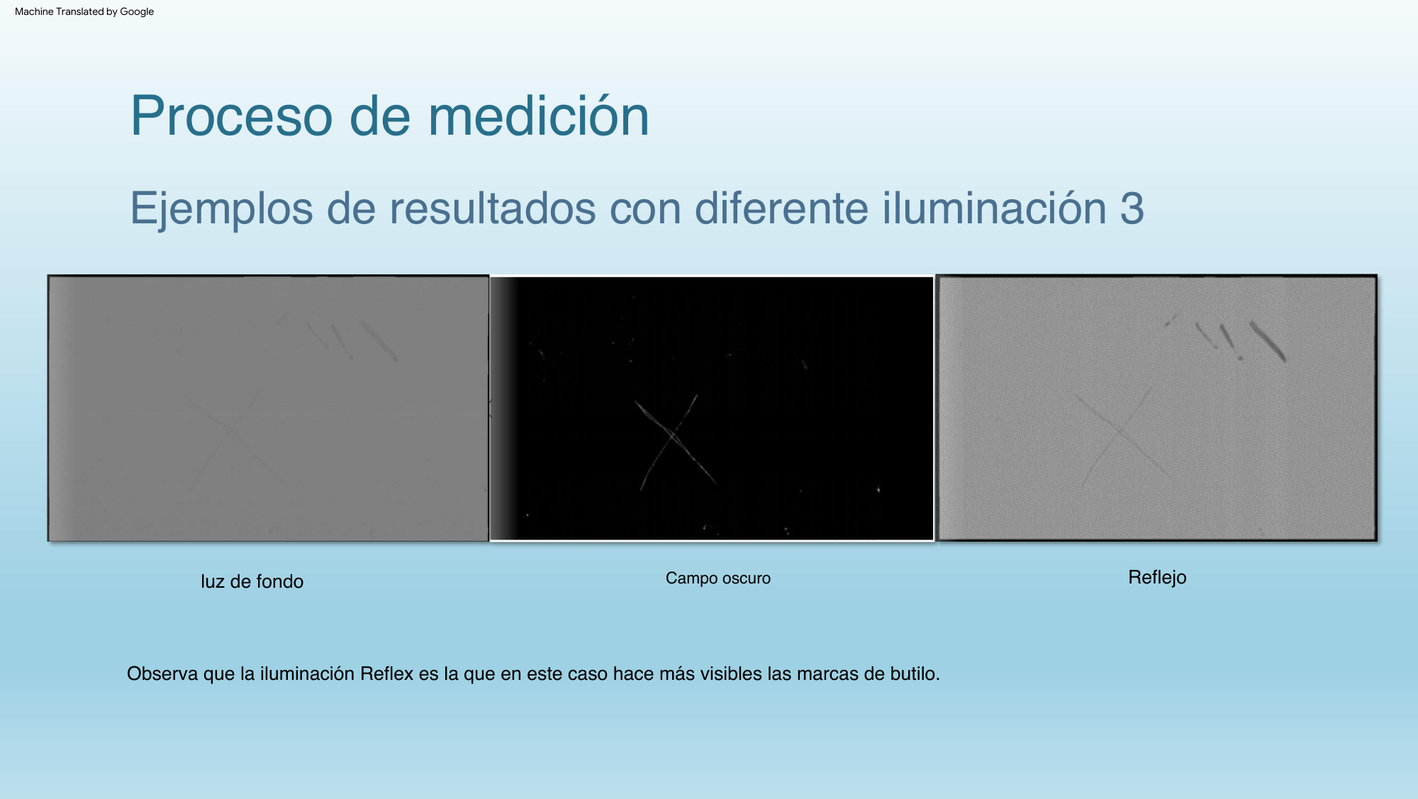 Ejemplo original: el mismo vidrio con luz de fondo, campo oscuro y Reflex, de izquierda a derecha