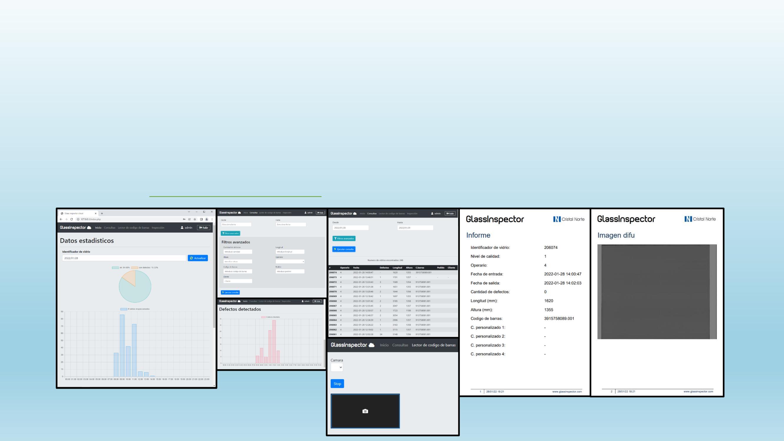 Ejemplos del fabricante de búsquedas, estadísticas e informes en Glass Inspector Cloud